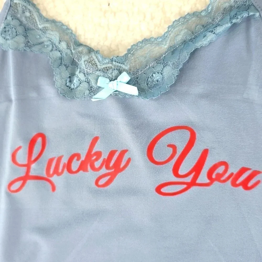 Virghoes Powder Blue Lacy Cami with red text printed Lucky You